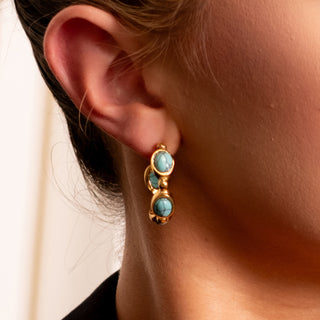 Detailed side view of gold drop earrings featuring turquoise stones, worn on ear with sleek pulled-back hair.