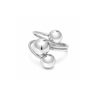 Stainless steel triple-orb ring featuring three smooth polished spheres on a sleek bypass band. High-shine silver finish with a clean, minimal look, photographed on a white background for Forward & Tame.