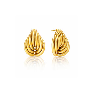 Gold sculptural coil earrings featuring layered curved bands in a teardrop silhouette, high-shine finish, photographed on a clean white background for Forward & Tame.
