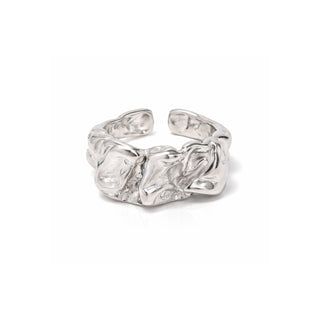 Silver sculptural molten-style ring featuring an organic, textured design with a high-shine stainless steel finish. Modern open-band silhouette photographed on a clean white background.