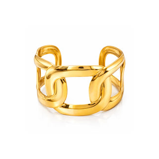 Gold chain-link cuff bracelet featuring bold interlocking links and a high-shine polished finish. Sculptural open-cuff design photographed on a clean white background for Forward & Tame.
