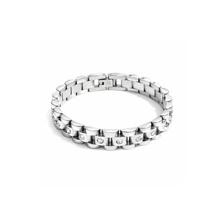 Silver bracelet with diamond accents on a white background