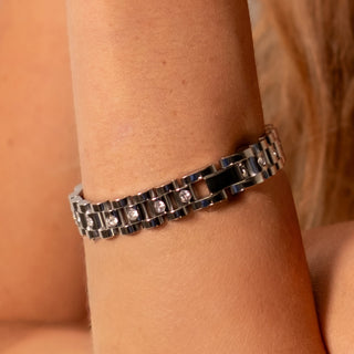 close-up of the silver Chiara Watch Bracelet styled on the wrist, showing watch-link chain and cubic zirconia details