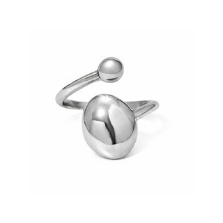 Polished stainless steel open-ended statement ring featuring a smooth spherical ball and organic dome design on a white background.