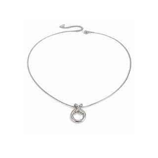 Minimalist silver necklace featuring a polished twist-knot pendant on a sleek snake chain. High-shine stainless steel finish photographed on a clean white background for a modern, elevated look.