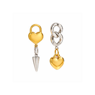 Mixed metal heart charm earrings featuring polished gold hearts paired with silver spike and chain-link details. Modern mismatched design with a high-shine finish, photographed on a white background for Forward & Tame.