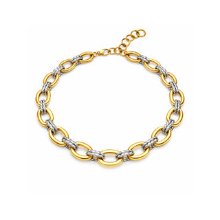 Two-tone mixed metal necklace with smooth gold oval links and braided silver rope detailing, photographed on a white background. Modern, bold and elevated.