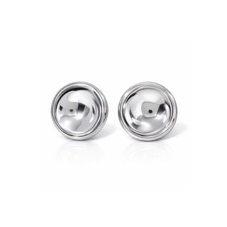 Close-up product image of polished stainless-steel dome stud earrings on a white background.