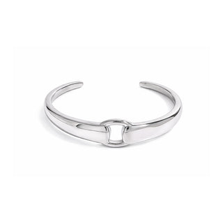 Polished stainless steel silver open cuff bangle with central oval link detail, high-shine finish on a clean white background.