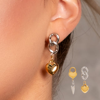 Product view of the SoHo Lock & Heart Earrings featuring the silver link top, gold heart charm, and optional spike charm attachment.