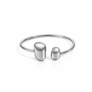 Silver bangle with two rounded ends on a white background