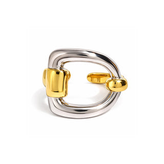 Two-tone link ring featuring a polished stainless steel D-shaped band accented with smooth gold hardware. High-shine modern design photographed on a clean white background for Forward & Tame.