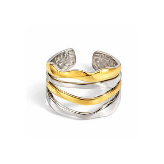 Three-band wave stack ring featuring alternating polished gold and stainless steel bands. High-shine, sculptural open cuff design photographed on a clean white background for Forward & Tame.