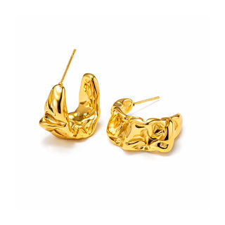 Alana Textured Hoops 18k gold PVD sculptural molten hoop earrings on white background