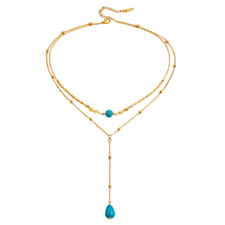 Aqua Turquoise Drop V Necklace 18k gold PVD layered turquoise lariat necklace on white background
