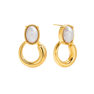 Cara Pearl Twist Hoops 18k gold PVD pearl drop hoop earrings on white background
