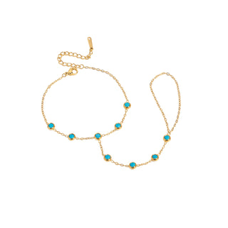 Island Turquoise Hand Chain 18k gold PVD turquoise CZ finger loop hand chain bracelet on white background