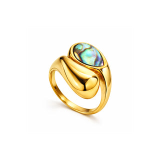 Isola Gem Ring 18k gold PVD abalone shell sculptural adjustable ring on white background