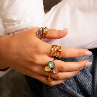 Isola Gem Ring 18k gold abalone shell ring stacked with colourful stone gold rings