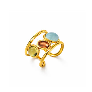 Monte Gem Ring 18k gold PVD multi-colour stone wide band adjustable ring on white background
