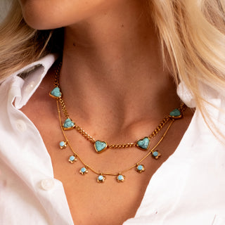 Naxos Turquoise Necklace 18k gold turquoise heart necklace layered with Paros Turquoise Necklace