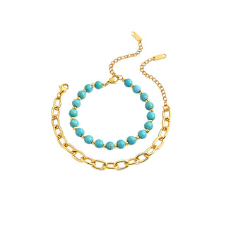 Rhodes Turquoise Bracelet Set 18k gold PVD natural turquoise bead and chunky chain bracelet set on white background
