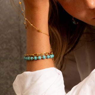 Rhodes Turquoise Bracelet Set 18k gold natural turquoise bead and chain bracelet set worn on wrist
