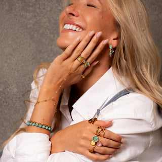 Rhodes Turquoise Bracelet Set 18k gold turquoise bracelet set styled with full Island Collection jewellery
