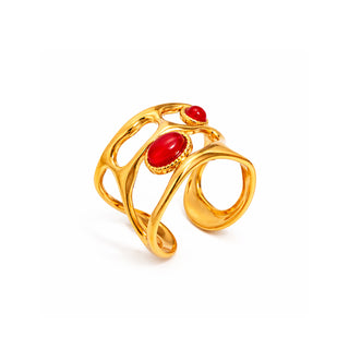 Ruby Liquid Ring 18k gold PVD red agate sculptural adjustable ring on white background