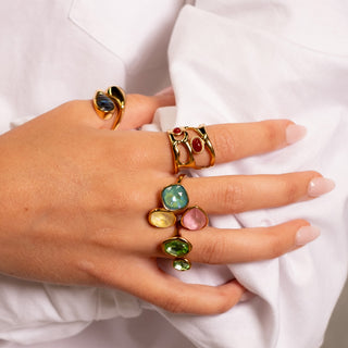 Ruby Liquid Ring 18k gold red agate ring styled with Island Collection gold rings
