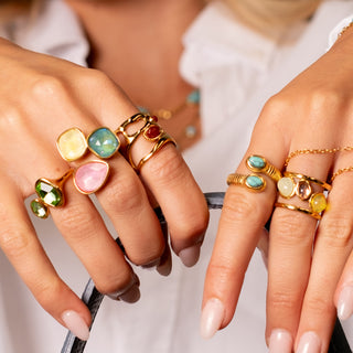 Ruby Liquid Ring 18k gold red agate sculptural ring styled with colourful stone gold rings